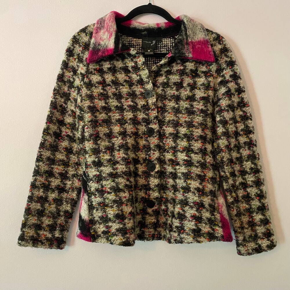 Tub Design Wool Blend Black Pink Houndstooth Cardigan Jacket Knit Women's Small